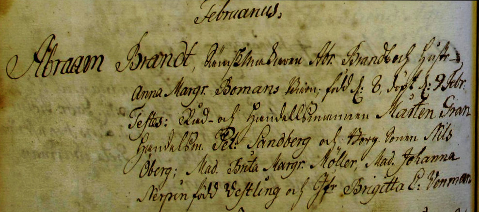 Udsnit af kirkebog, Daab af Abra(h)am Brandt